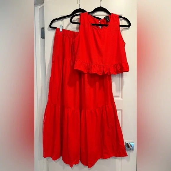 Nicole Miller Linen Blend Skirt Set Womens Medium Tiered Maxi Vacation Cruise - Picture 1 of 12